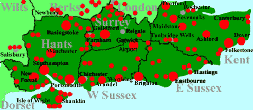 Sussex and Gatwick Airport hotels map